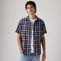Short-Sleeve Sunset One Pocket Cotton Linen Shirt - Sintra Plaid Dress Blues - Blue