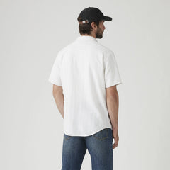 Short-Sleeve Sunset One Pocket Cotton Linen Shirt - Carlin Stripe Bright - White