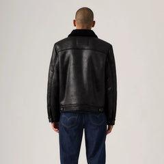 Two Chest Pocket Faux Shearling Sherpa Collar Jacket - Black