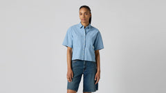 Harlie Short-Sleeve Cropped Button Down Shirt - Brass Organ - Chambray