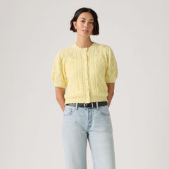 Pauline Pointelle Short-Sleeve Cardigan - French Vanilla - Yellow