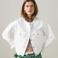 90s Shrunken Collarless Trucker Jacket - Tooth Fairy Trkr - White