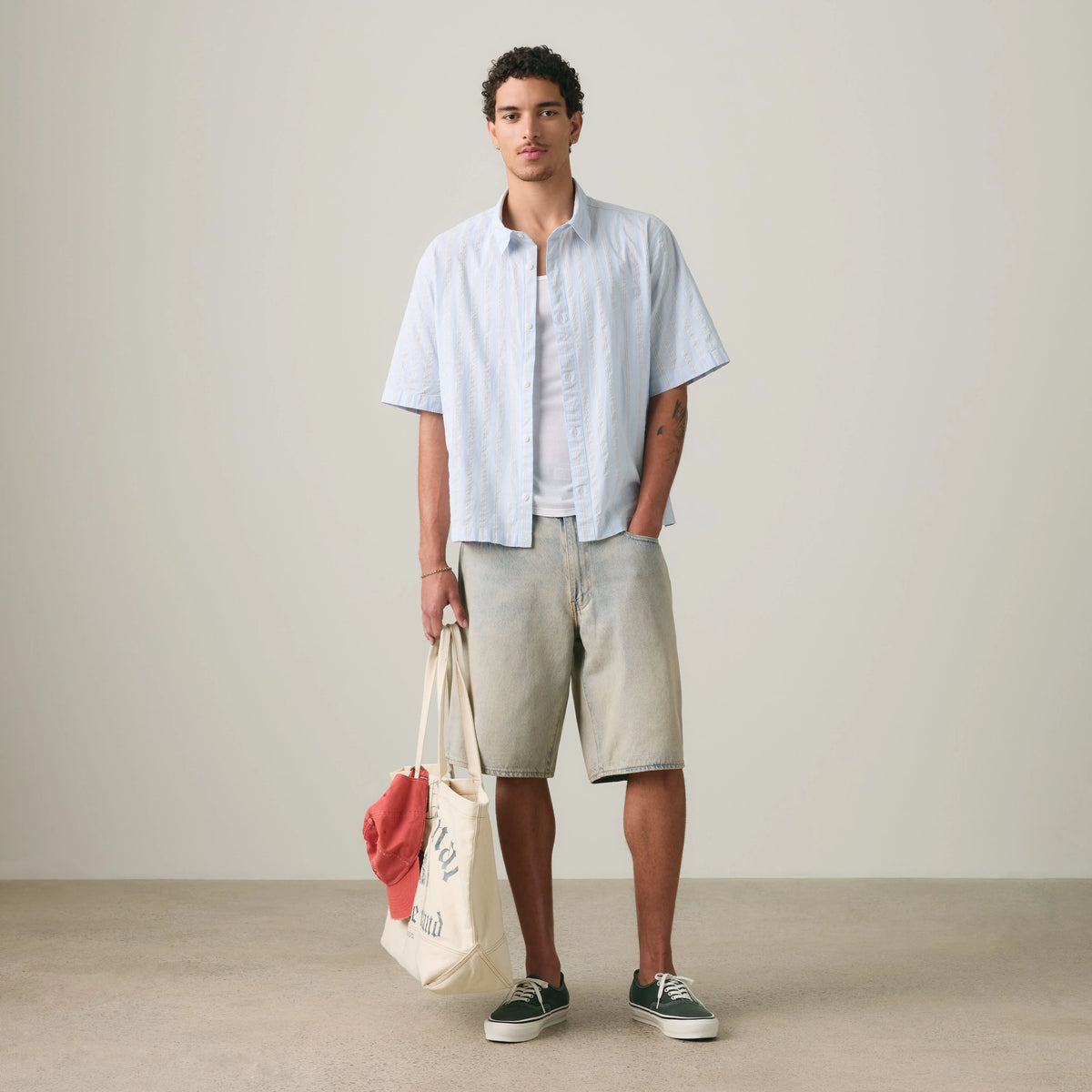 Short-Sleeve Lama Boxy Shirt - Bernal Stripe Soft Chambray - Blue