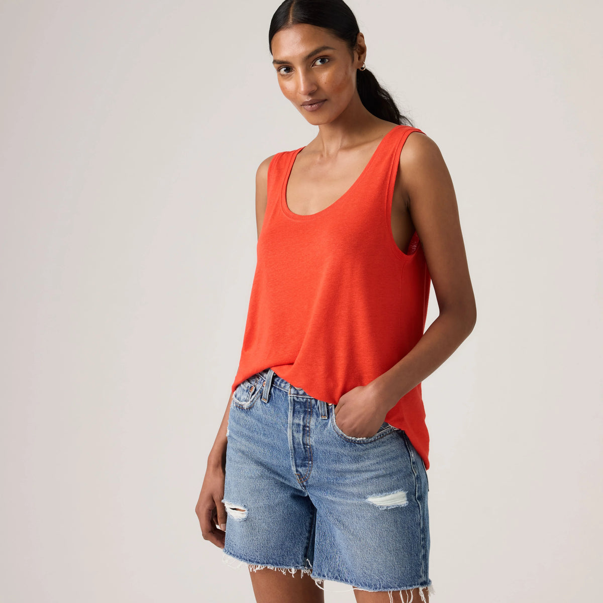 Lori Linen Scoop Tank Top - Signal Red - Red