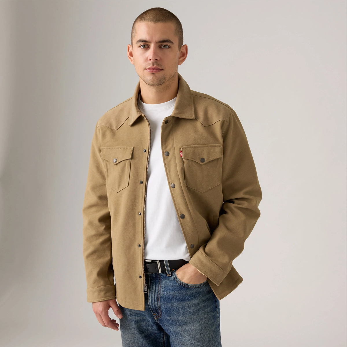 Faux Suede Overshirt - Tan