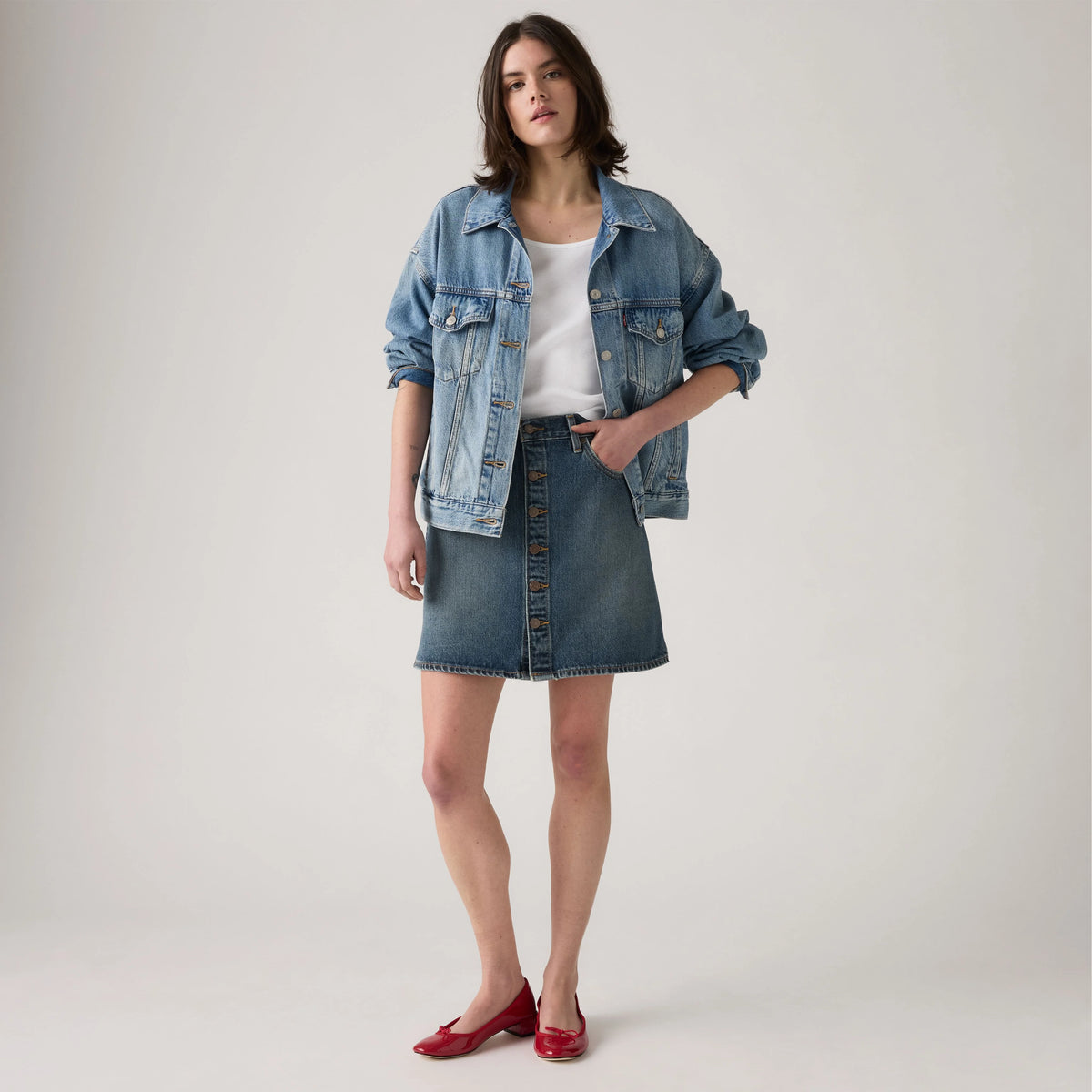 Retro Button Front Skirt - Eight Track - Dark Wash