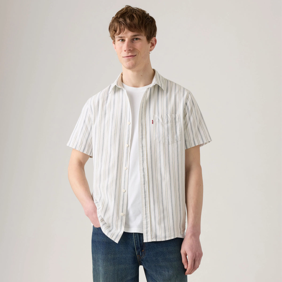 Short-Sleeve Classic One Pocket Standard Fit Shirt - Garrett Stripe Egret - White