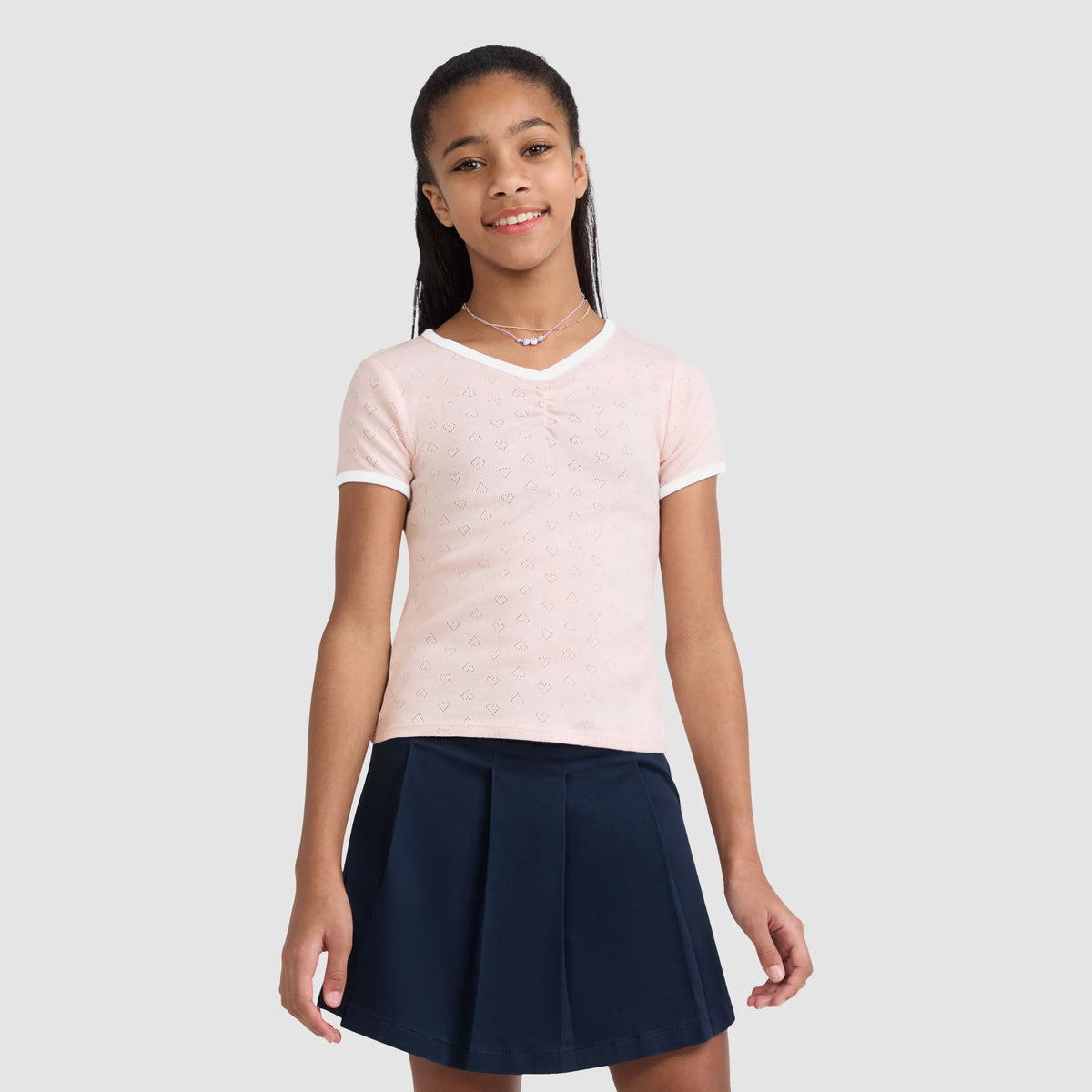 Short Sleeve Rosette Pointelle Knit Top Big Girls 7-16 - Crystal Pink - Pink