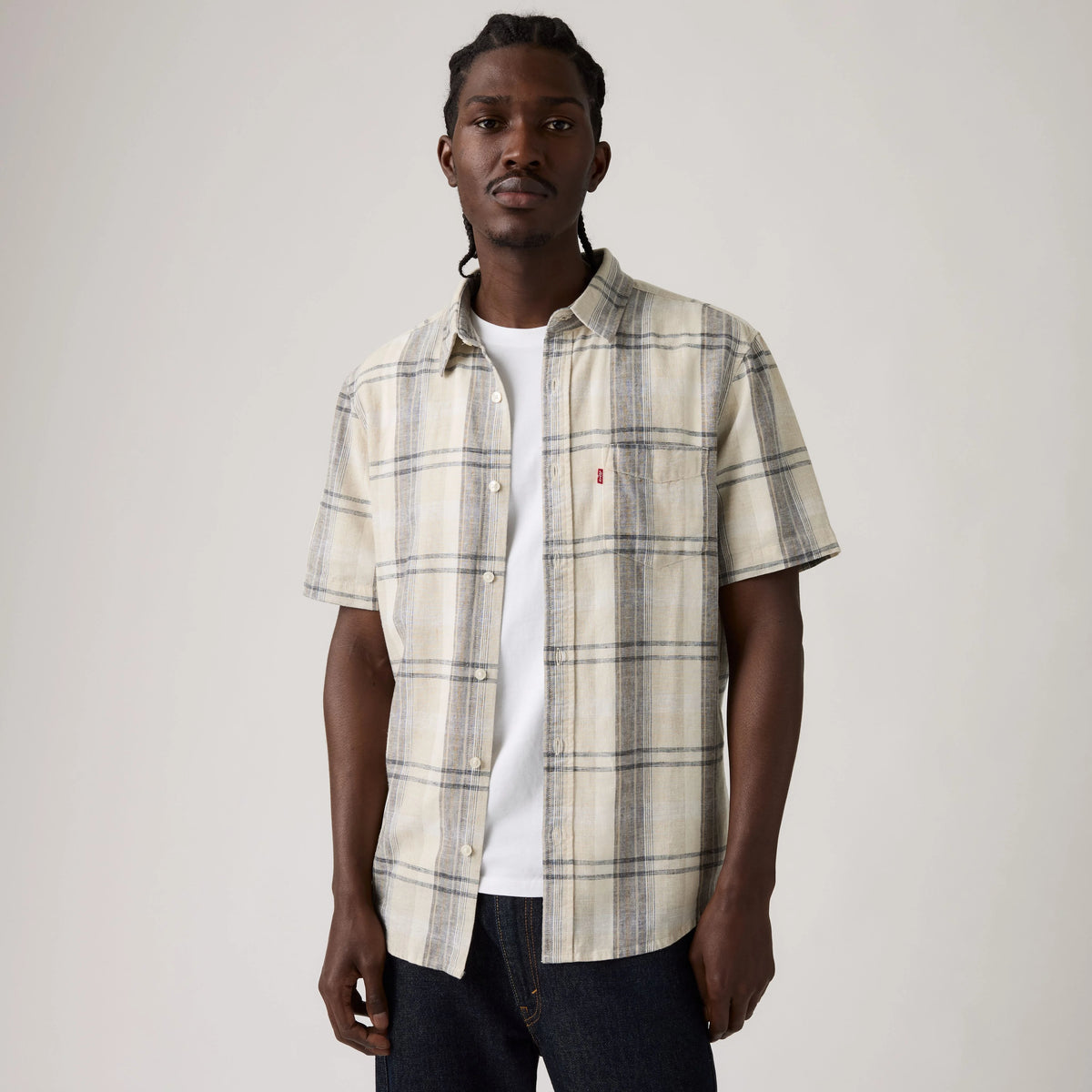 Short-Sleeve Sunset One Pocket Cotton Linen Shirt - Karlo Plaid Oatmeal - White