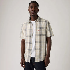 Short-Sleeve Sunset One Pocket Cotton Linen Shirt - Karlo Plaid Oatmeal - White