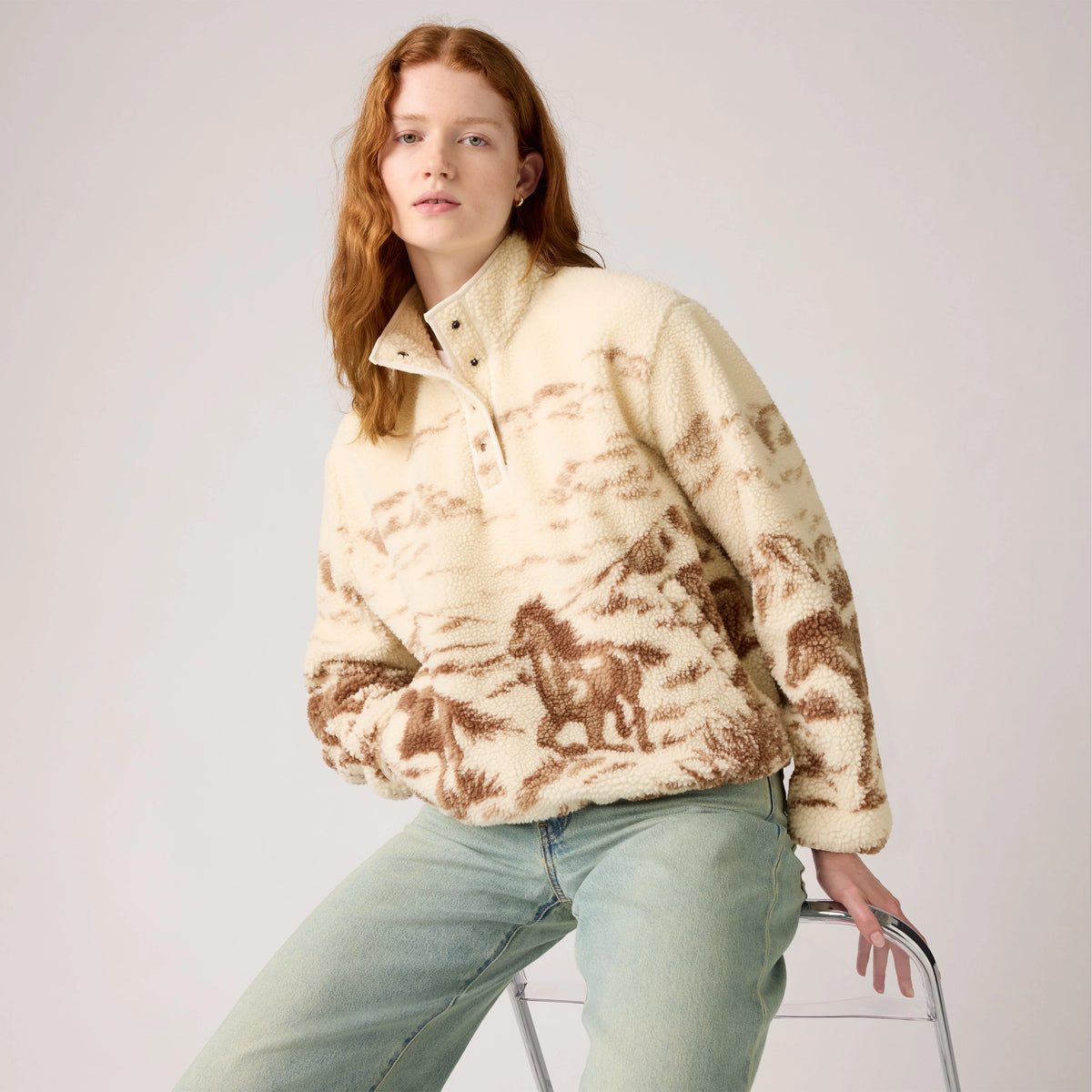 Kasey Sherpa Pullover - Wild Horses - White