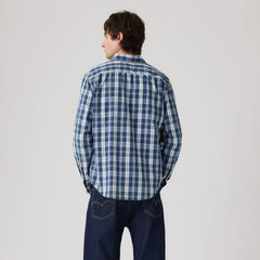 Sunset One Pocket Standard Fit Poplin Shirt - Ben Plaid Indigo Poplin - Blue