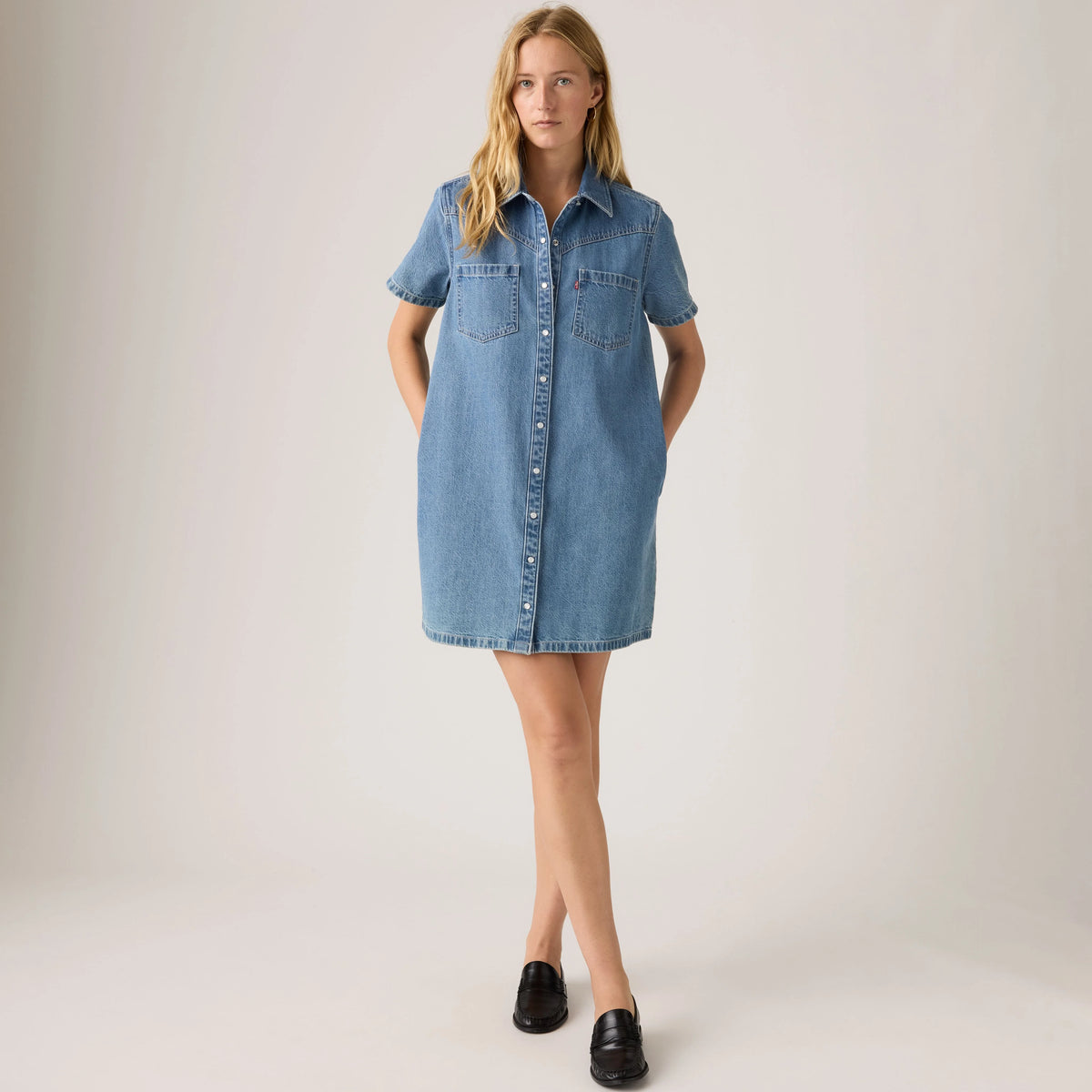 Louisa Short-Sleeve Denim Midi Dress - Pretty Penny Lane - Medium Wash