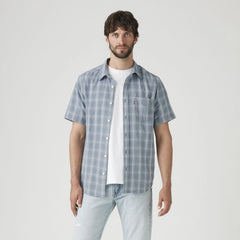 Short-Sleeve Sunset One Pocket Cotton Linen Shirt - Leon Plaid Bright White - Blue
