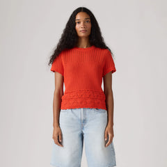 Isabelle Crochet Short Sleeve Sweater - Signal Red - Red
