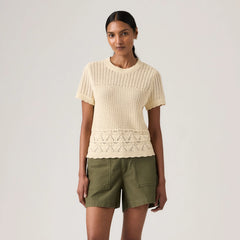 Isabelle Crochet Short Sleeve Sweater - Seedpearl - White