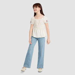 Short Sleeve Smocked Puff Sleeve Top  Big Girls 7-16 - Antique White