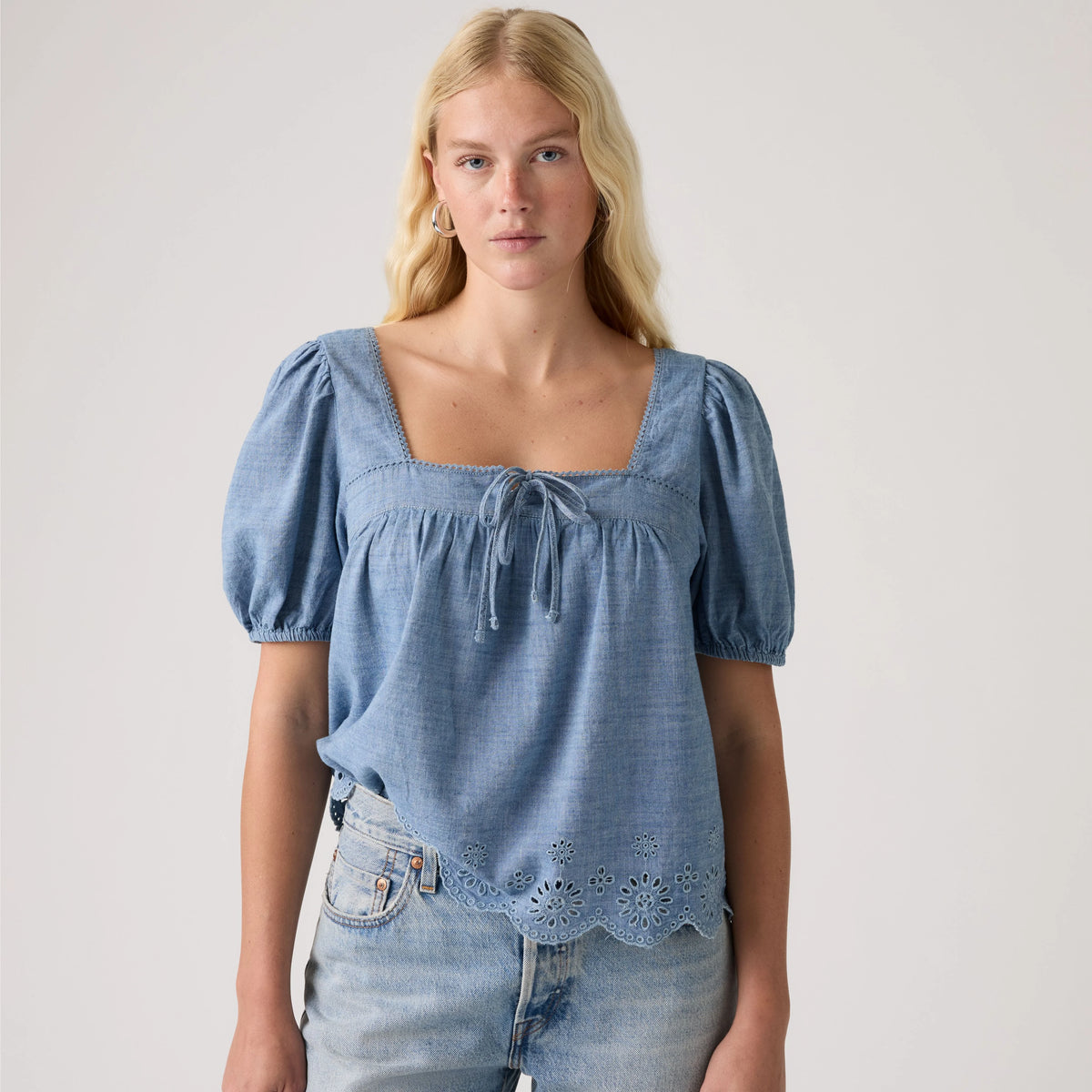 Darling Short-Sleeve Cutwork Blouse - Breezy Blues - Medium Wash