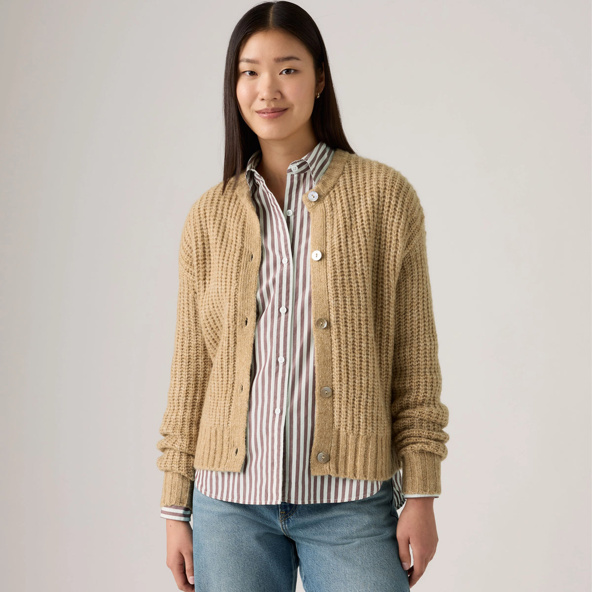 Luna Shell Button Cardigan - Heather Caramel - Brown