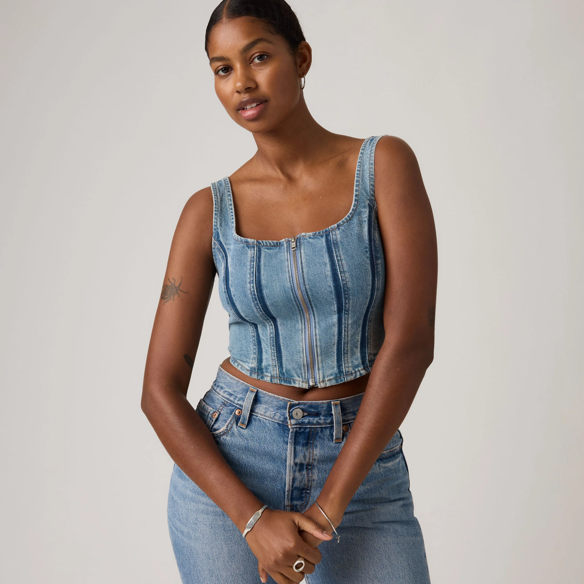 Seamed Zip Bustier Top - Shadow Work Top - Medium Wash