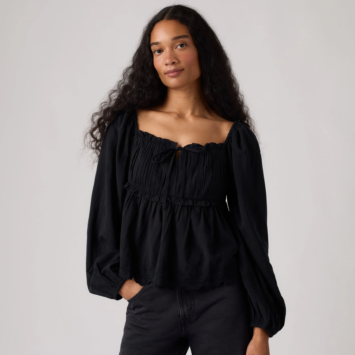 Ottie Long Sleeve Boho Blouse - Anthracite Night - Black