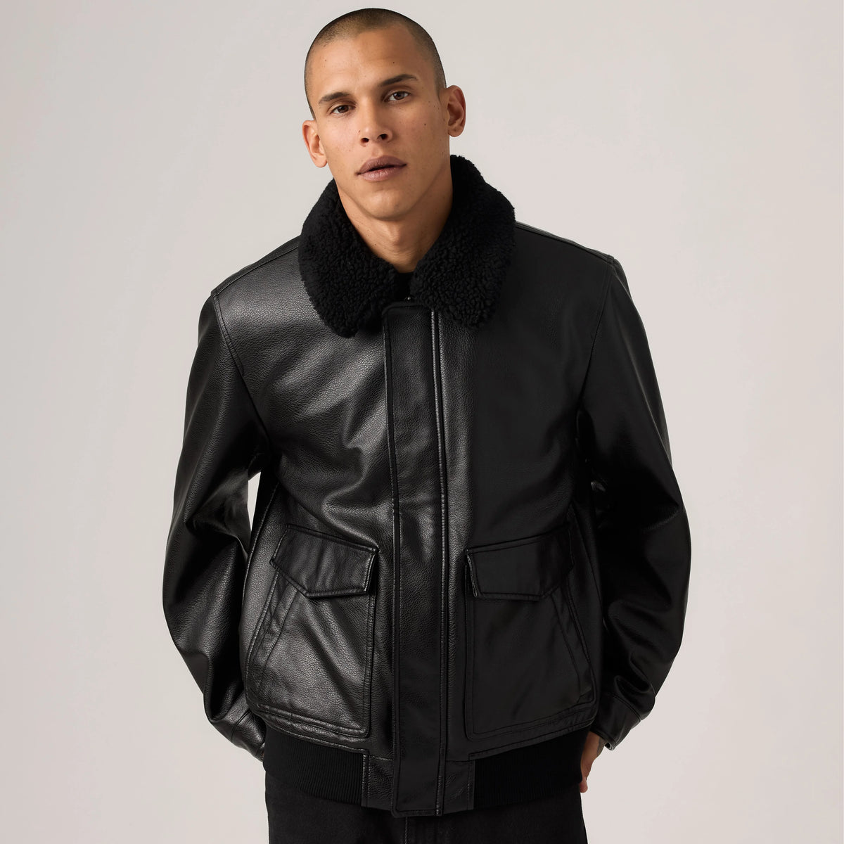 Aviator Jacket with Removeable Sherpa Collar - Black