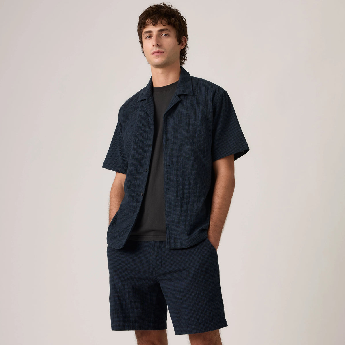 Sunset Camp Seersucker Shirt - Navy Plaid - Blue