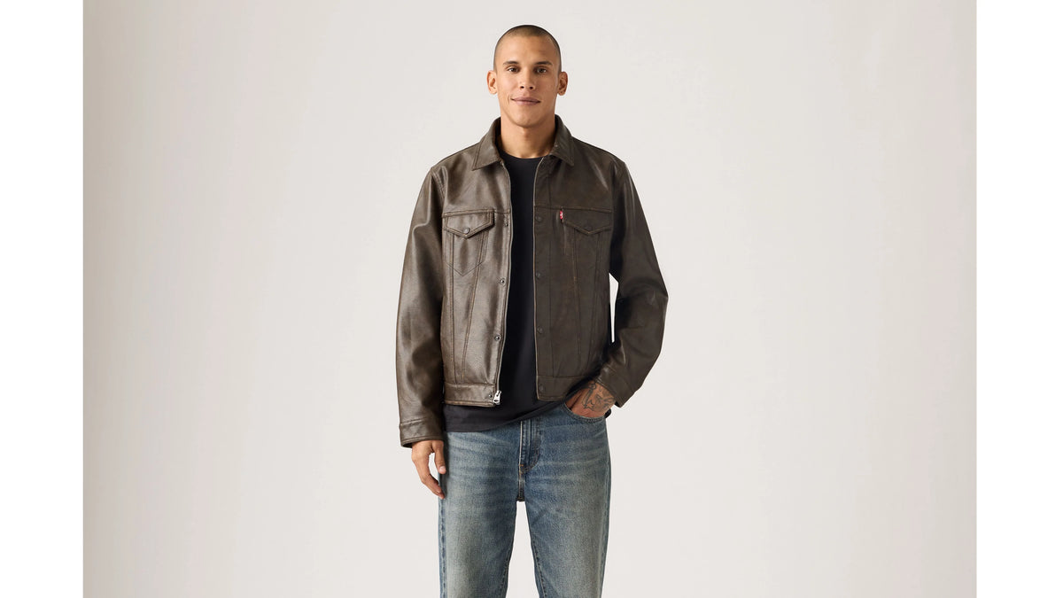 Faux Leather Trucker Jacket - Brown