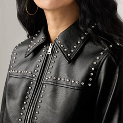 Faux Leather Studded Jacket - Black Silver - Black