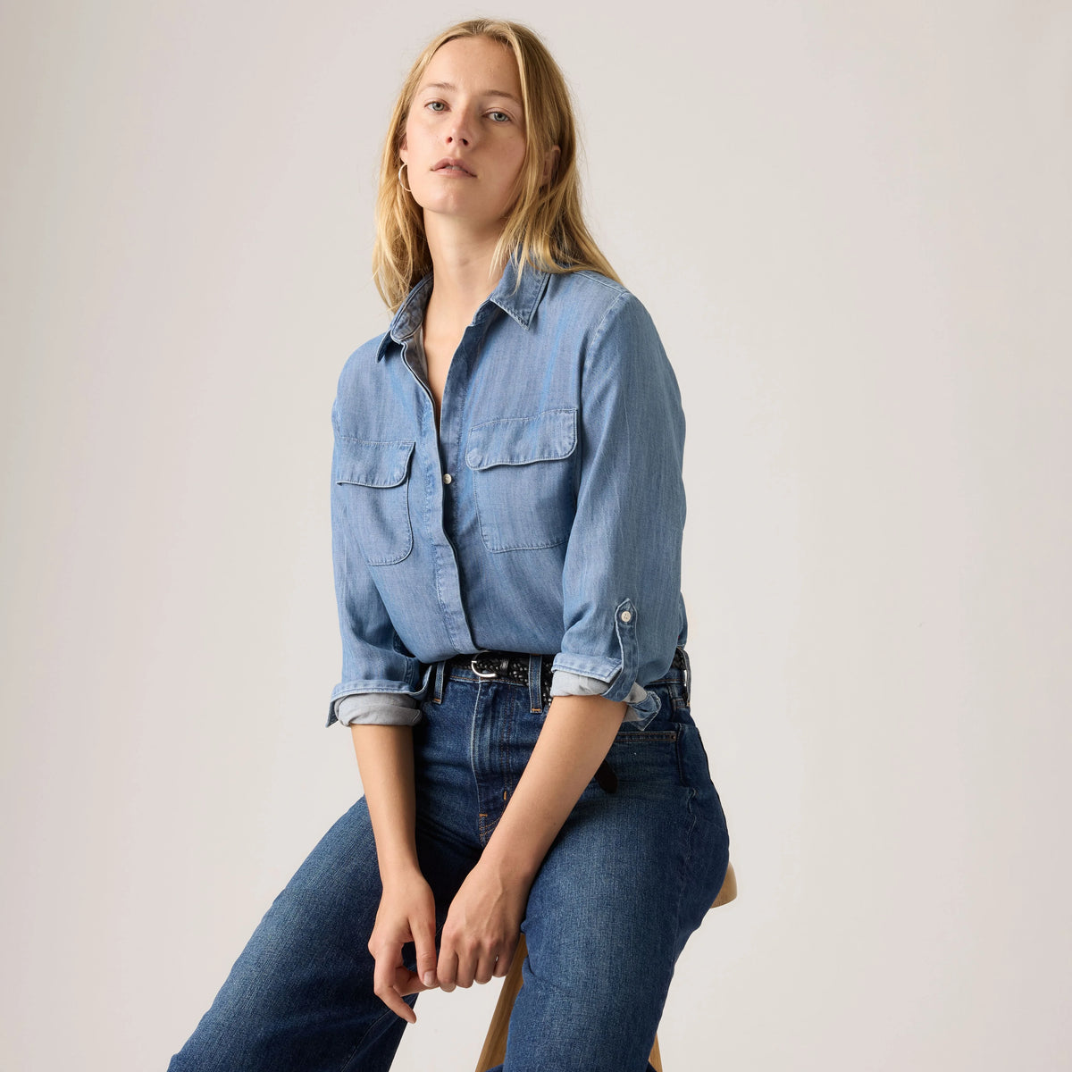 Elaine Utility Button Up Shirt - Chill Girl - Medium Wash