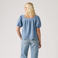 Darling Short-Sleeve Cutwork Blouse - Breezy Blues - Medium Wash