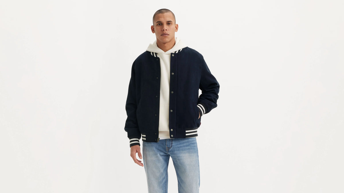 Faux Suede Varsity Jacket - Navy - Blue