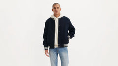 Faux Suede Varsity Jacket - Navy - Blue