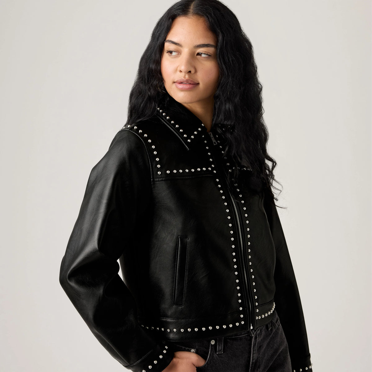 Faux Leather Studded Jacket - Black Silver - Black