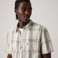 Short-Sleeve Sunset One Pocket Cotton Linen Shirt - Karlo Plaid Oatmeal - White