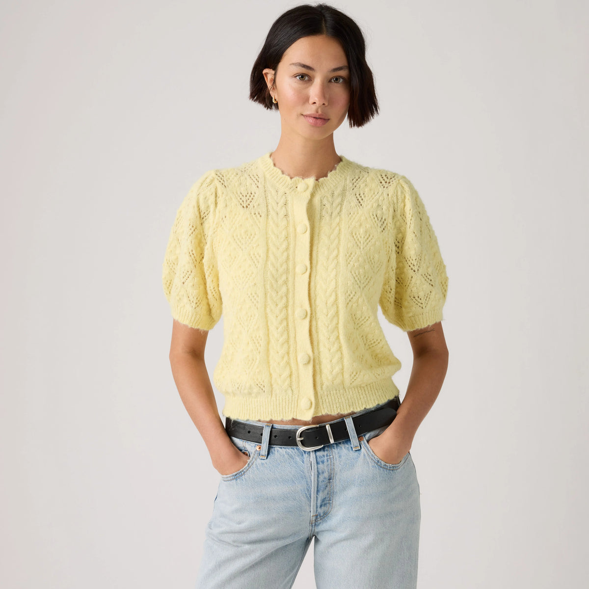 Pauline Pointelle Short-Sleeve Cardigan - French Vanilla - Yellow