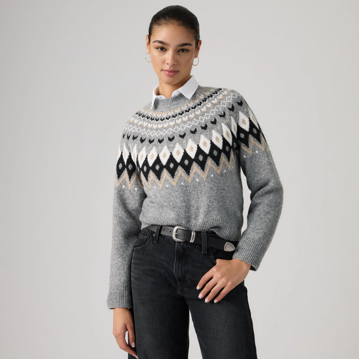 Lou Fairisle Crew - Heather Gray - White