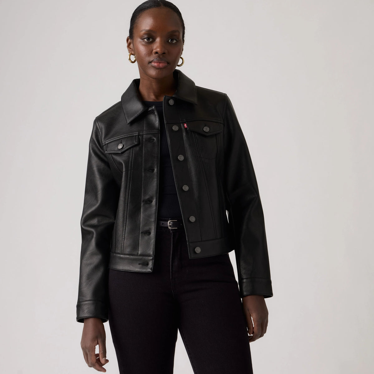 Faux Leather Trucker Jacket - Black Gold - Black