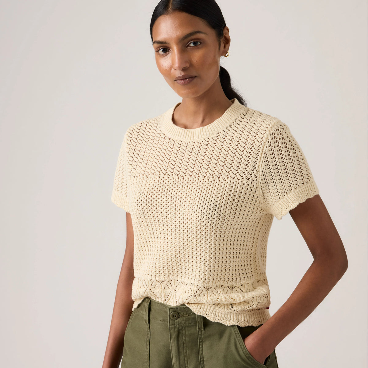 Isabelle Crochet Short Sleeve Sweater - Seedpearl - White