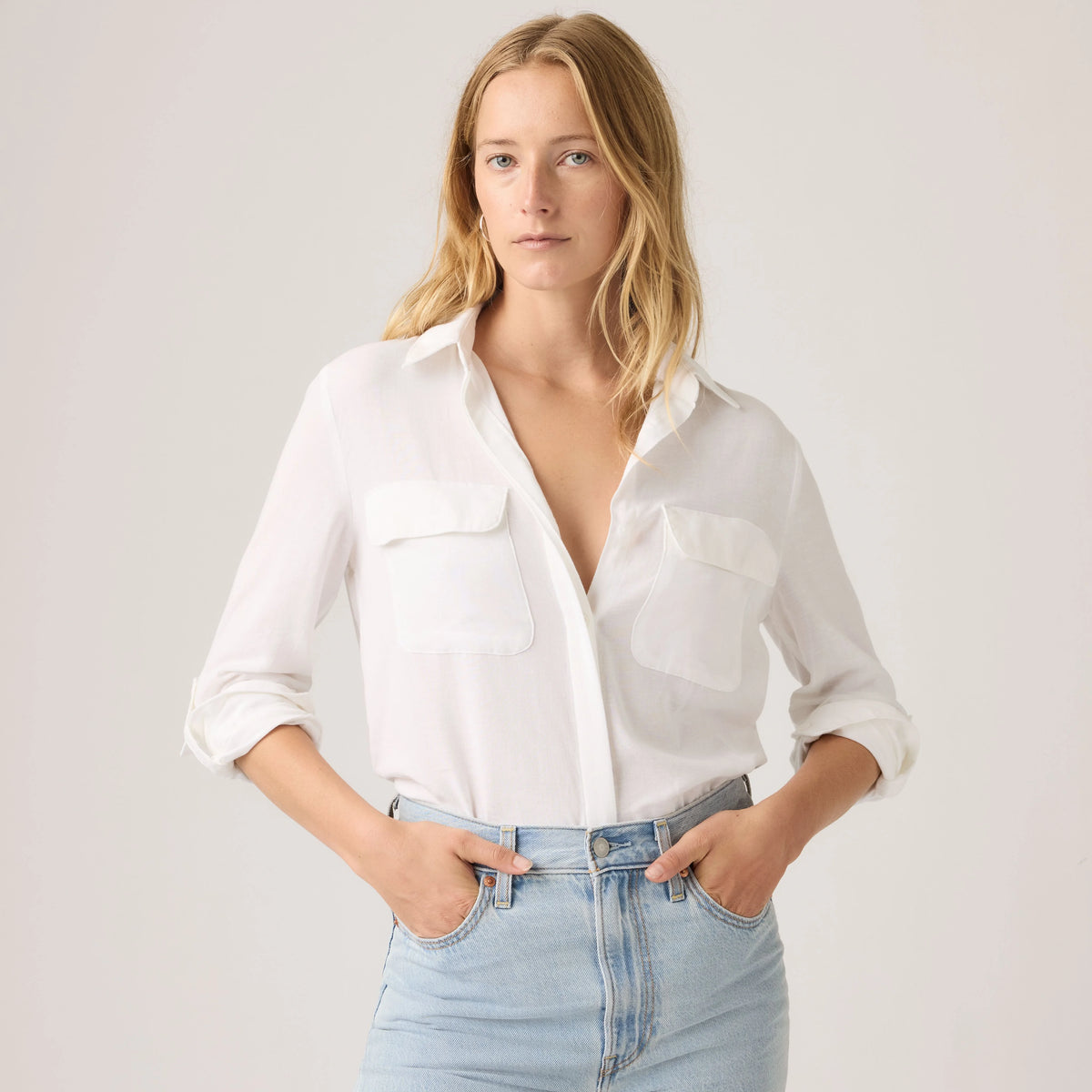 Elaine Utility Linen Button Up Shirt - Bright White - White