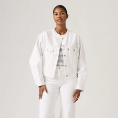 90s Shrunken Collarless Trucker Jacket - Tooth Fairy Trkr - White