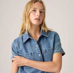 Louisa Short-Sleeve Denim Midi Dress - Pretty Penny Lane - Medium Wash