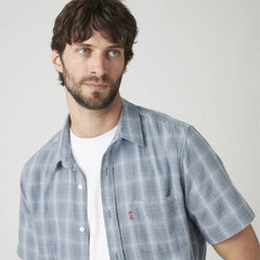 Short-Sleeve Sunset One Pocket Cotton Linen Shirt - Leon Plaid Bright White - Blue