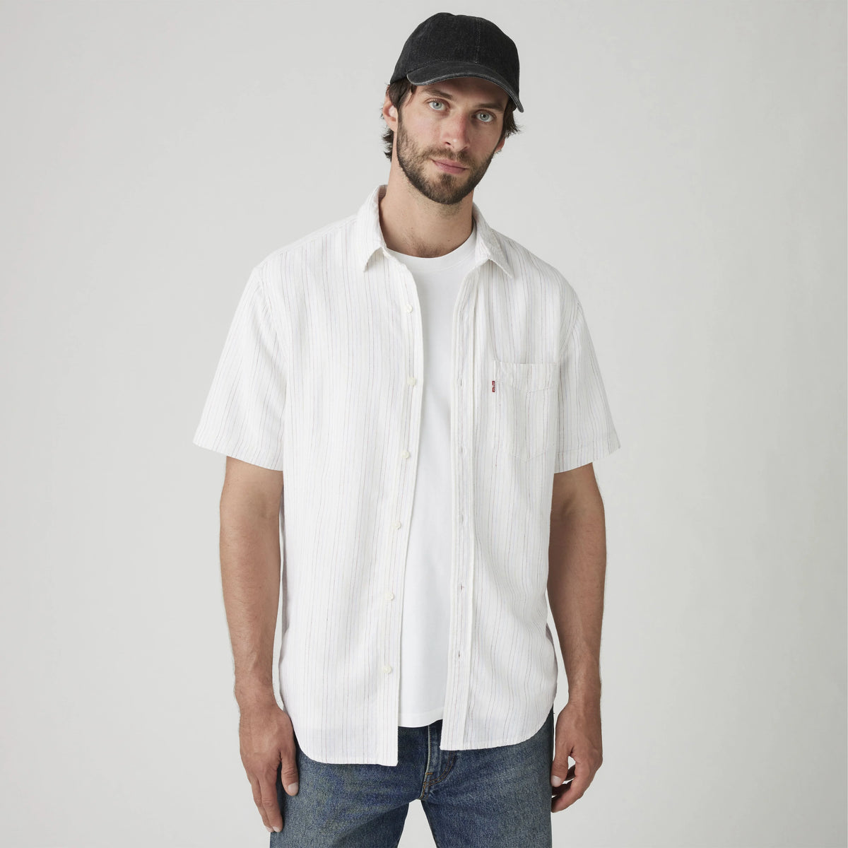 Short-Sleeve Sunset One Pocket Cotton Linen Shirt - Carlin Stripe Bright - White