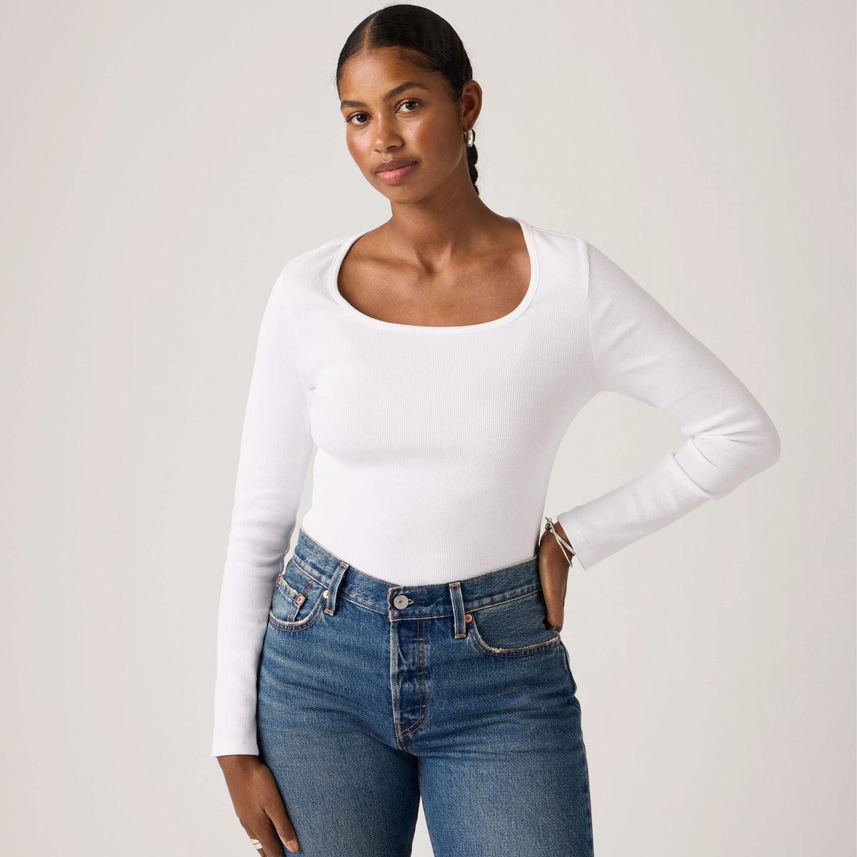 Essential Square Neck Long-Sleeve Tee - Bright White - White