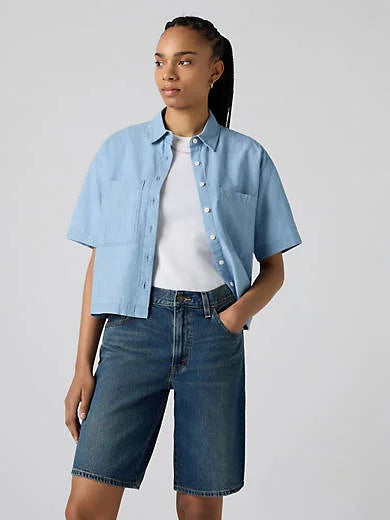 Harlie Short-Sleeve Cropped Button Down Shirt - Brass Organ - Chambray
