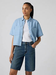 Harlie Short-Sleeve Cropped Button Down Shirt - Brass Organ - Chambray
