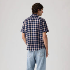 Short-Sleeve Sunset One Pocket Cotton Linen Shirt - Sintra Plaid Dress Blues - Blue