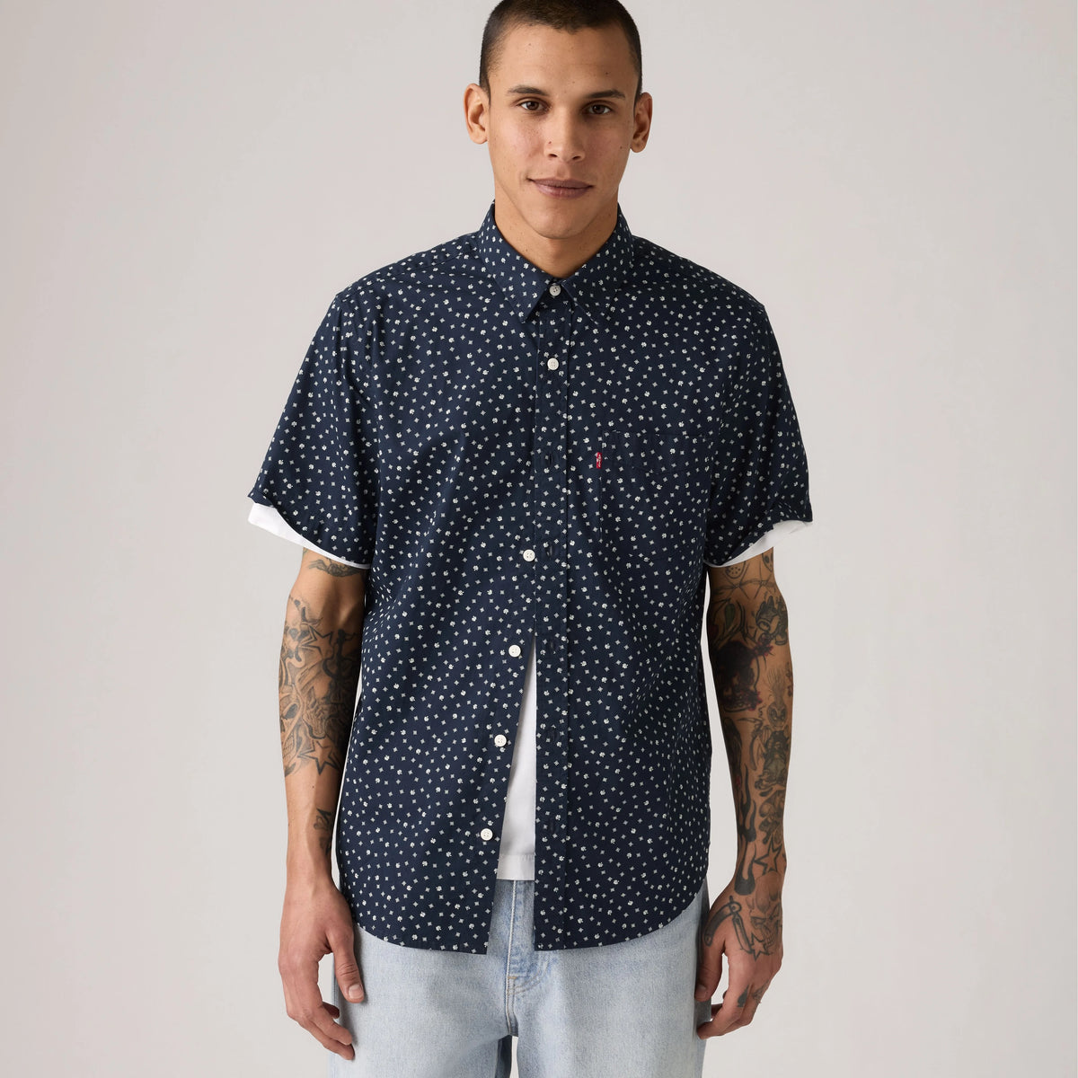 Short-Sleeve Classic One Pocket Standard Fit Shirt - Kieran Geo Print Navy Blazer - Blue