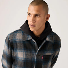 Wool Blend Chore Jacket - Blue/Grey Plaid - Black